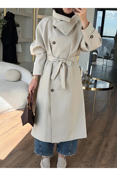 manana fashion Dik Yaka Düğme Detay Uzun Trençkod