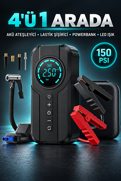 ROBO 4'ü 1 Arada Şarjlı Akü Ateşleyici Lastik Şişirici Powerbank Led Işık 150...