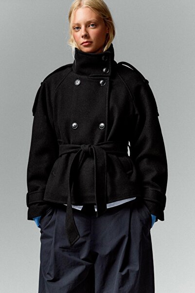 Moderk Women's Stand Collar Cashmere Pocket Lined Belted Coat
