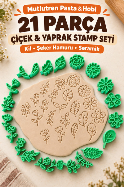 Genel Markalar 21 Parça Çiçek ve Yaprak Stamp Seti – Kil, Şeker Hamuru ve Ser...
