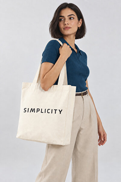 Kanvas Bez Omuz Çantası 35x40x10 cm Körüklü Günlük Tote Bag | Simplicity Baskılı