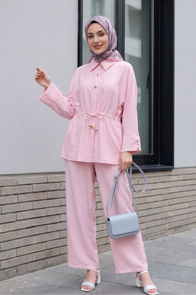 Modamorfo Cotton Crinkle Suit with Tunnel Lace and Elastic Waistband - Pink