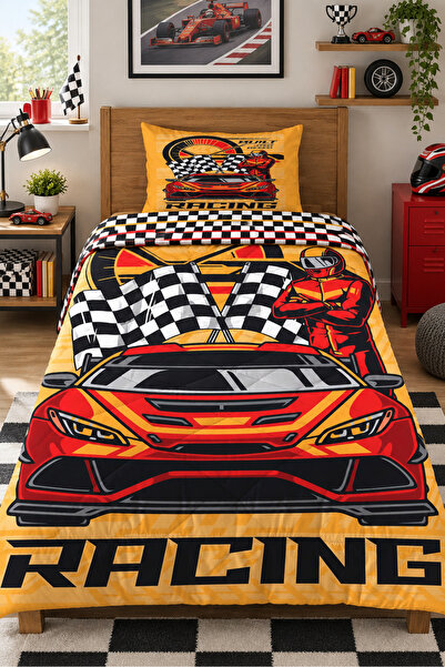 Evmila Racing Car Patterned Double-Sided 160X220 cm Sleeping Set, Single Quil...