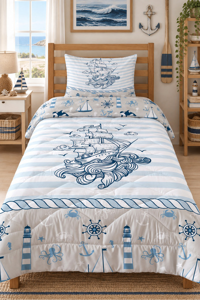Evmila Sailor Patterned Double-Sided 160X220 cm Sleeping Set, Single Quilted ...