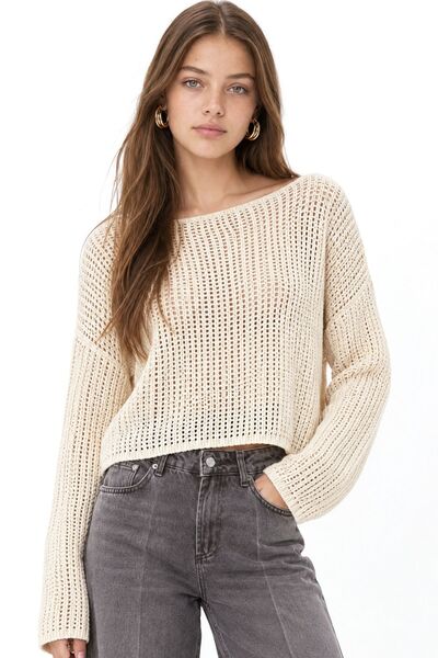 Hiccup Mixray Openwork Boat Neck Crop Knitwear