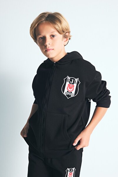 DeFacto Beşiktaş Logo Hooded Zippered Kangaroo Pocket Cardigan Boys I6636A826Wn