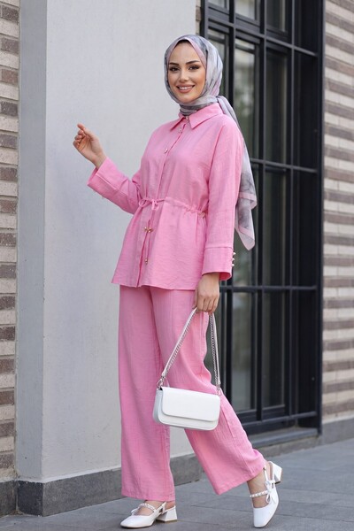 Modamorfo Cotton Crinkle Suit with Tunnel Lace-Up Detail and Elastic Waist Pa...