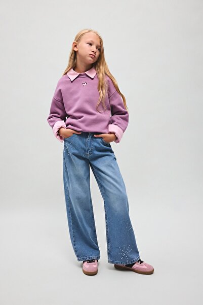 DeFacto 100% Cotton Straight Wide Washed Effect Jean Trousers for Girls I4477...