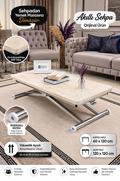 SEHPAM AKILLI Akıllı Sehpa Home Üst Tabla Mdf Traverten Oval Güvenli Köşe Alt...
