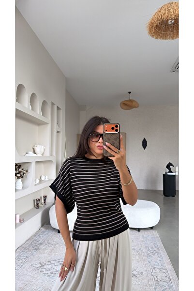 Buket Teke Black Striped Bat Sleeve Knitwear Blouse