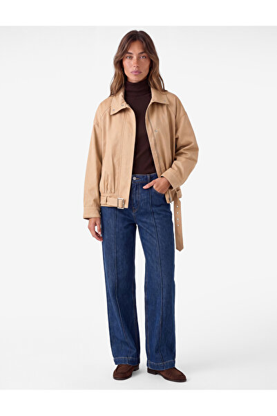 Koton Cotton Long Sleeve Zippered Pocket Gabardine Stand Collar Bomber Jacket
