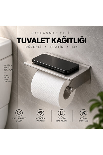 LİDERSAN Telefon Standlı Raflı Paslanmaz Çelik Tuvalet Kağıdı Askısı-Kendinde...