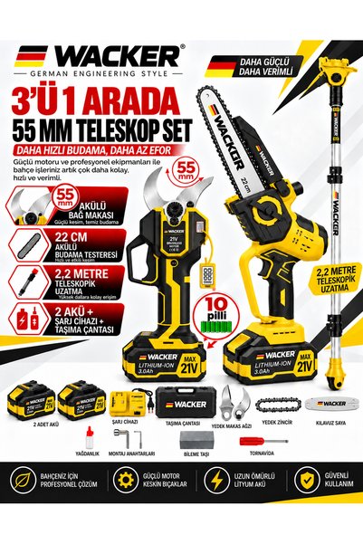 PROWACKERS Elegant Seri 55 MM Dijital Makas + 22 CM Otomatik Yağlamalı Dijital Testere +2.2 MT Teleskop Süper Bahçe Seti