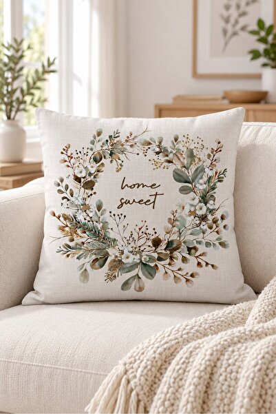 Evmila Home Sweet Written Floral Throw Pillow Cover - Cream Velvet Double Sid...