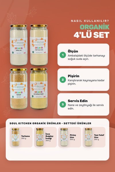 Soul Kitchen Organik Ürünler Organik İrmik, Pirinç Unu, Tarhana, Tam Yulaf Unu Ek Gıda Seti Cam Kavanoz 4'lü
