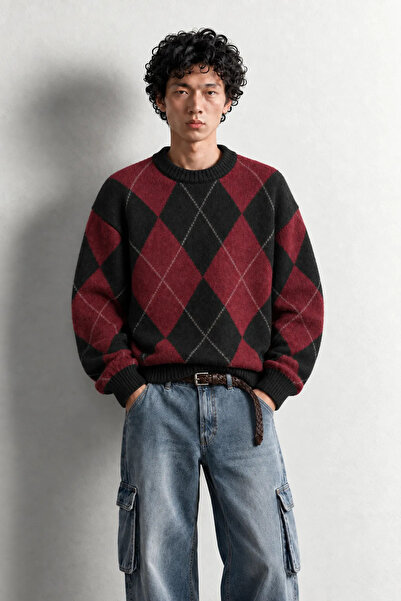 no7man Nash - Burgundy - Diamond Pattern Crew Neck - Oversize Fit - Cotton Me...
