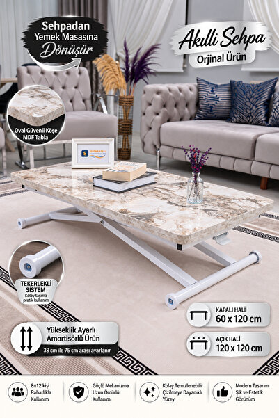 SEHPAM AKILLI Akıllı Sehpa Home Üst Tabla Mdf  Beyaz Mermer Desen Oval Köşe A...