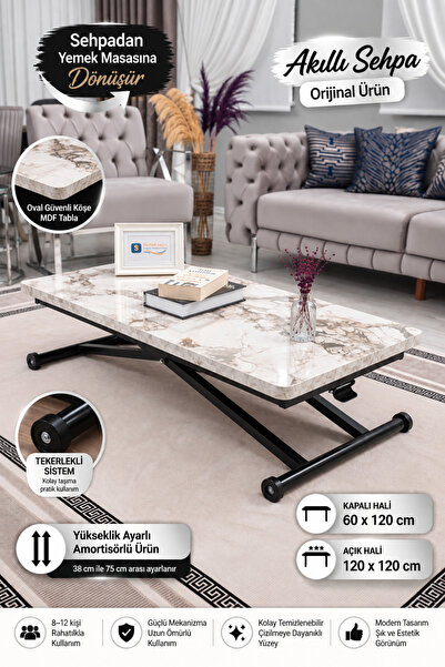 SEHPAM AKILLI Akıllı Sehpa Home Üst Tabla Mdf Beyaz Mermer Oval Köşe Alt Meka...