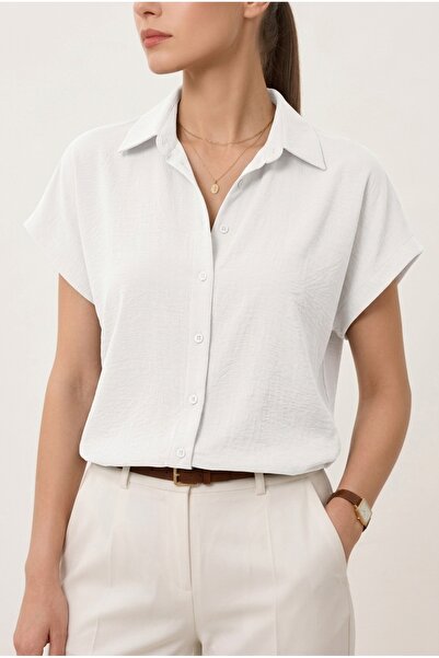 TRENDBUTİKOFFİCİAL Shirt Collar Aerobin Textured Loose Summer Shirt - White