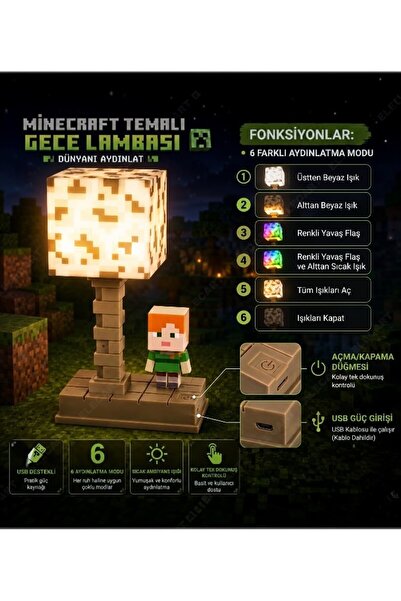 lstri Minecraft LED Gece Lambası Çocuklar ve Oyuncular İçin Masa Lambası | 5 ...