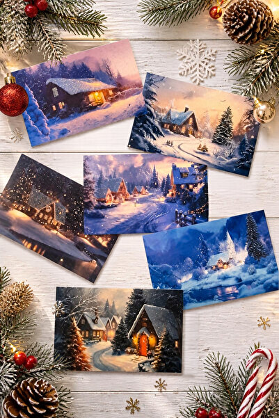 Bimotif 6lı Simli Kartpostal Seti, Yılbaşı, Kış Evleri