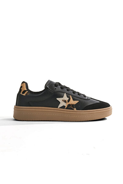 Tonny Black Women's Black Leopard Comfortable Fit Half Star Patterned Sneaker