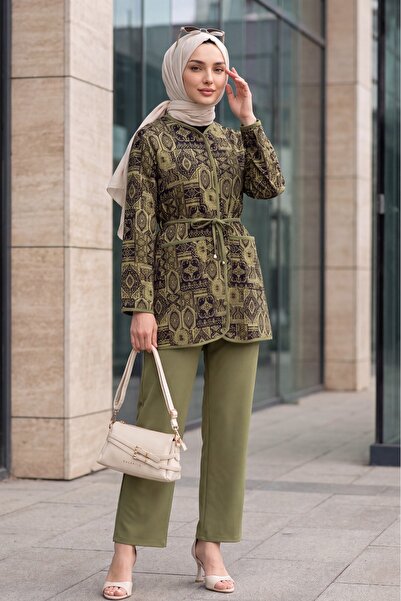 Modamorfo Top with Buttons, Pockets, Belt, Patterned Pants Dabıl Set -Khaki