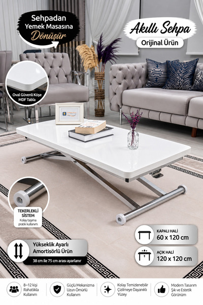 SEHPAM AKILLI Akıllı Sehpa Home Üst Tabla Mdf Beyaz Oval Köşe Alt Ayak Krom K...