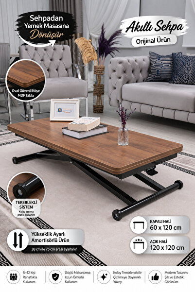 SEHPAM AKILLI Akıllı Sehpa Home Üst Tabla Mdf Ceviz Oval Köşe Alt Mekanizma S...