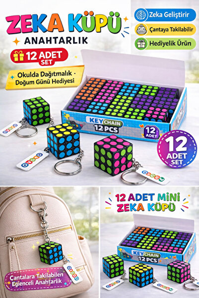 KAR TANESİ 12 Adet Mini Rubik Zeka Küpü 3x3 Anahtarlık Öğrenciye Hediye Karne...