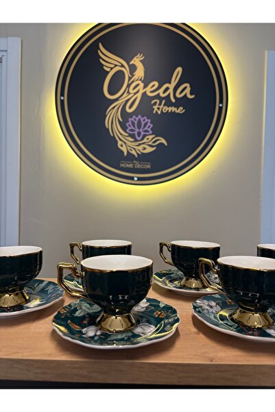 Ogeda Home 6'lı Çiçek Tabaklı Gold Detaylı Fincan Takımı , Yeşil - 6 Kişilik ...