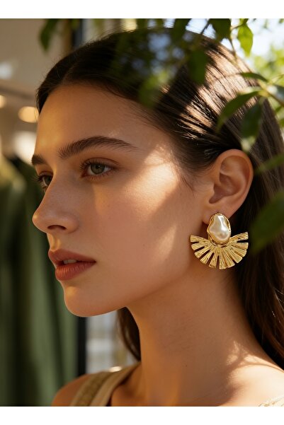 Malena Design House İnci Detaylı Yelpaze Model Gold Küpe