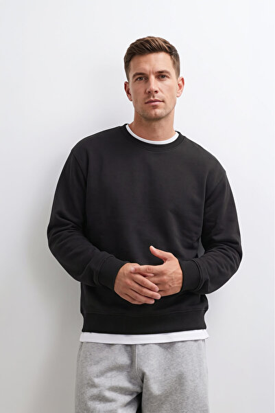 MARKAPIA Men's Crew Neck Plain Anthracite Sweatshirt