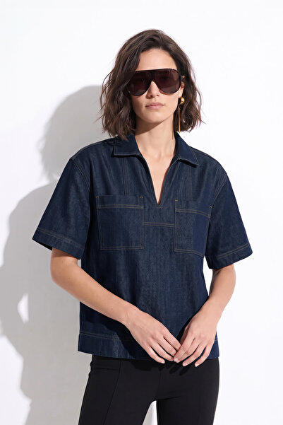 BANNY JEANS Kadın Rahat Kalıp Cepli Lacivert Jean Gömlek