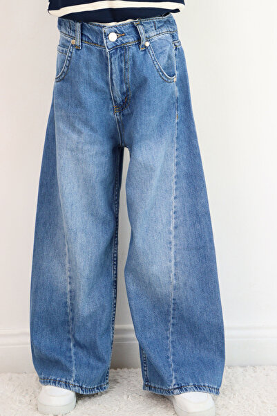 Breeze Kız Çocuk Jean Pantolon Yıkamalı Fermuarlı Düğmeli 4-8 Yaş , Mavi