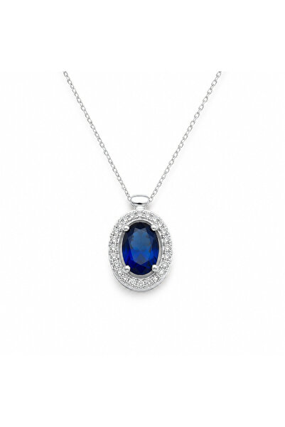 Two Arts Kadın 925 Ayar Gümüş Doğal Safir Doğum Taşı Oval Kolye | Rodyum Kapl...