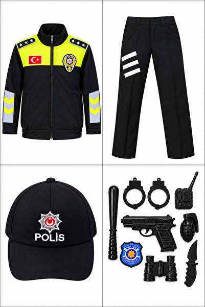 Liyavera Unisex Çocuk Yeşil Trafik Polis Kostümü Trafik Polis Kıyafeti Ünifor...