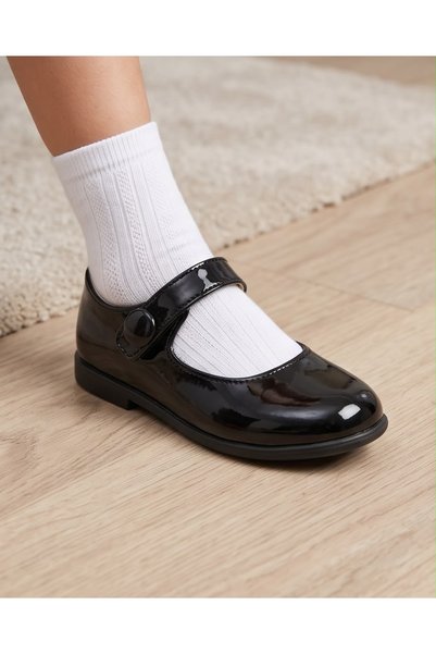 AKTAŞ ORTOPEDİ Girl's Buttoned Black Patent Leather Orthopedic Ballerina Shoes