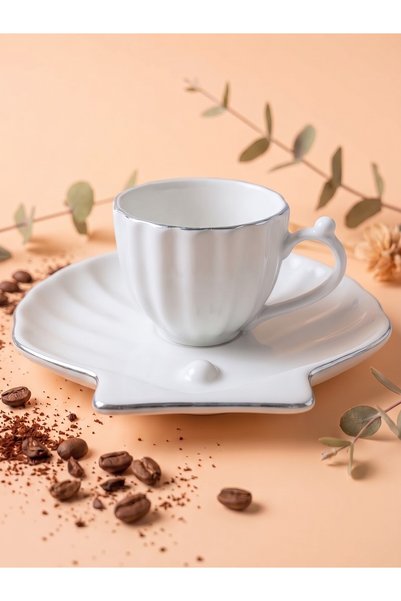 Tezyinat Wood Oyster Pearl 4-Piece Porcelain Coffee Cup Set for 2 People (Platinum Gilded)