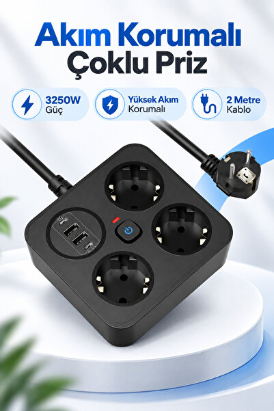 sonx 3250W Yüksek Akım Korumalı 3'lü Çoklu Priz - 2 Metre Kablolu, 2 USB + 2 ...