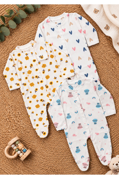 DEFNE LİNA BABY Kız Erkek Bebek Desenli Renkli 3lü Tulum Takımı Yenidoğan Kıy...