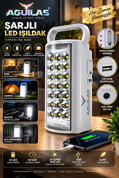 AGUILAS Almina 2606l Usb Şarj Çıkışlı Super 24 Led 80 Saat Akülü Şarjlı Işıldak