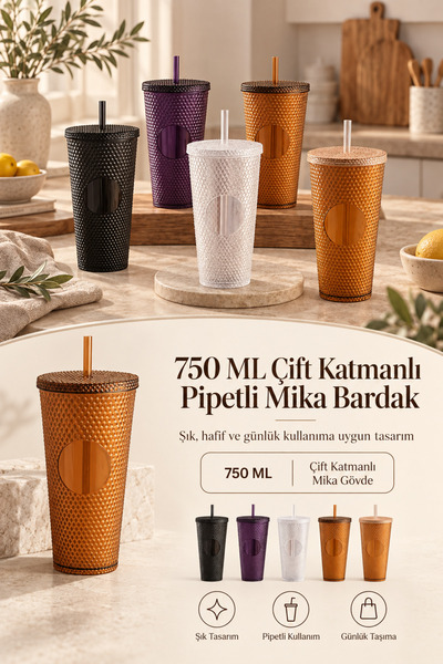 Poomy 750 ml Kapaklı Pipetli Şeffaf Renkli Kristal Desenli Bardak - Su Bitki ...