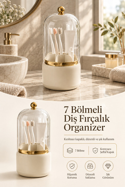 Poomy 7 Bölmeli Kapaklı Diş Fırçalık Gold Detaylı Banyo Düzenleyici Organizer