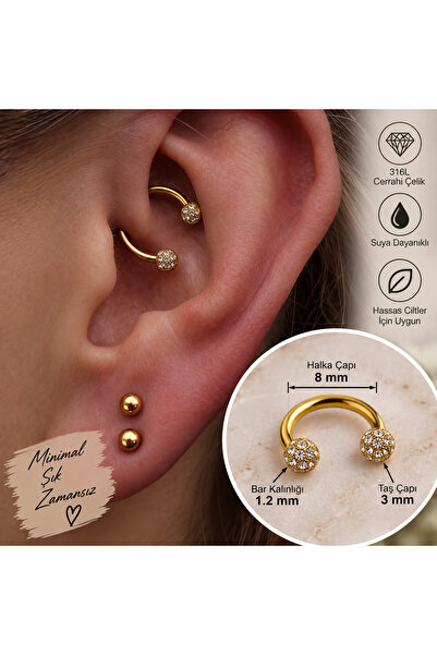 Heppii 8 mm Gold İki Ucu Taşlı Cerrahi Çelik Tragus Helix Piercing Kıkırdak S...