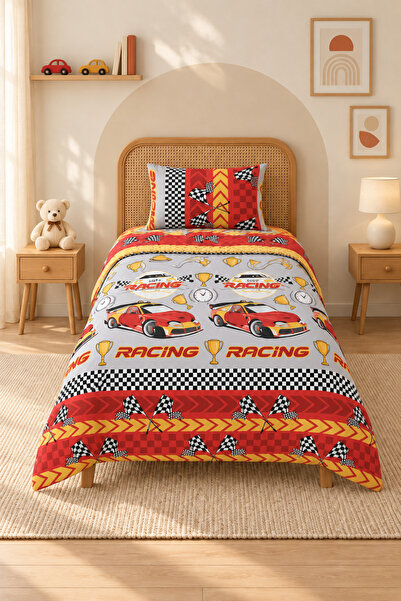 Boreas Home Red Car Ranforce Single Duvet Cover Set 160X220 Yellow Red