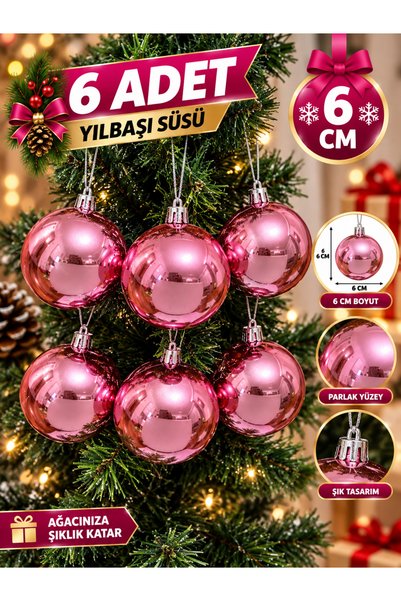 asöy Yılbaşı Ağacı Süsleme 6 Cm Yeşil Top 6'lı Pembe Renkli Cici Top Büyük Boy