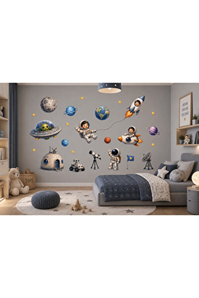 MaisonVelinCo Çocuk Odası Uzay Temalı Duvar Sticker Seti – Astronot, Roket, G...