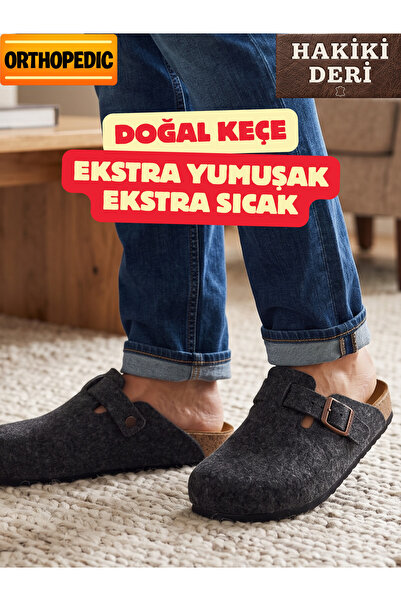 Hakiki Keçe Tokalı Ortopedik Ev Terliği Hakiki Deri 9 Dokunuş Ortopedik