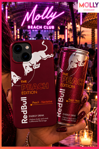 Molly iPhone 15 İçin Vişne Redbull The Peach Edition Desenli İçi Kadife Silik...